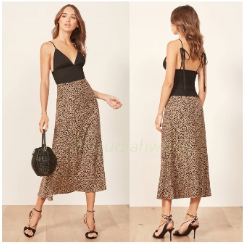 REFORMATION Bea Leopard Print Midi Skirt in Bengal Brown